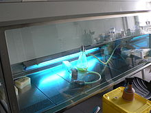 A low-pressure mercury vapor discharge tube floods the inside of a hood with shortwave UV light when not in use, sterilizing microbiological contaminants from irradiated surfaces. UV-ontsmetting laminaire-vloeikast.JPG