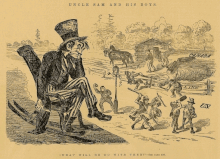 A Canadian political cartoon from 1870 of "Uncle Sam and his boys," with Canada depicted in the background. Anti-American rhetoric in Canada during the period typically depicted the US as disorderly in contrast to Canada. UncleSam.gif