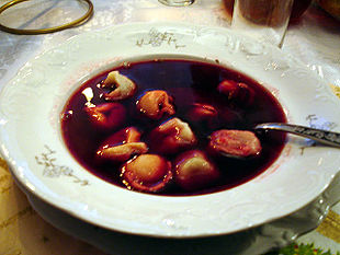 Barszcz z uszkami – beetroot soup with little dumplings. The soup is a staple part of the local culinary heritage of many Eastern and Central European nations