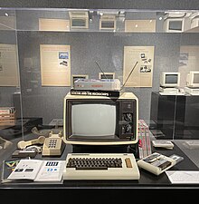 An early revision of the Commodore VIC-20 is displayed here with several accessories. The VIC-20's composite output allowed for it to be connected to the standard television sets of its era. VIC-20 Display.jpg