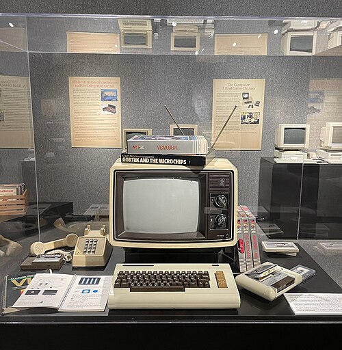 An early revision of the Commodore VIC-20 is displayed here with several accessories. The VIC-20's composite output allowed for it to be connected to 