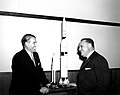 Wernher von Braun and Roudebush (L) discuss Apollo models.