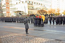 Wachbataillon personnel executing a Grosses Ehrengeleit
at the state funeral of former Chancellor of West Germany Helmut Schmidt on 23 November 2015. WDK 6198 20.JPG