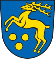 Gemeinde Mickhausen In Blau ein steigender goldener Hirsch über drei, zwei zu eins gestellten goldenen Kugeln.