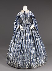 A blue silk wedding dress from c. 1860. Wedding dress MET 69.2.26 front CP4.jpg