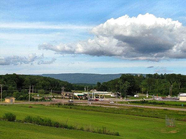 View looking east across the intersection of Tennessee State Route 28 and Tennessee State Route 283 in Whitwell. The Cumberland Plateau's Walden Ridge