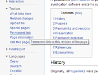 On Wikipedia, a permanent link to a specific version of an article is obtained from the "Permanent link" entry in the toolbox. Wikipedia permalink example.png