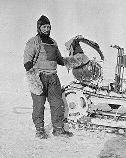 William Lashly standing by a Wolseley motor sleigh during the British Antarctic Expedition of 1911-1913, November 1911.jpg