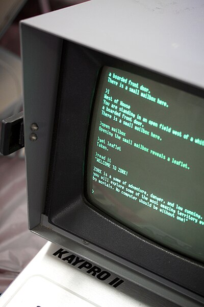 A computer terminal running Zork (1977), one of the first commercially successful text adventure games