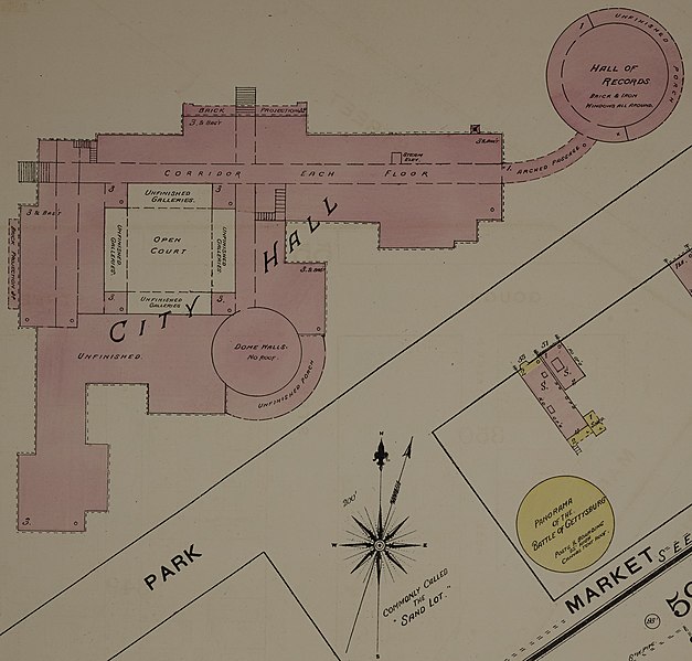 File:"CITY HALL" and the "HALL OF RECORDS" in 1886 map detail, Sanborn Fire Insurance Map from San Francisco, San Francisco County, California. LOC sanborn00813 003-35 (cropped).jpg