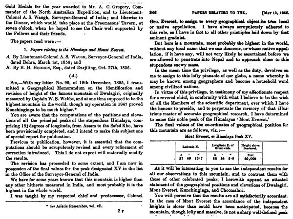 The name "Mount Everest" was first proposed in this 1856 speech, later published in 1857, in which the mountain was first confirmed as the world's hig