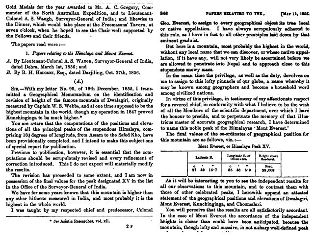 The name "Mount Everest" was first proposed in this 1856 speech, later published in 1857, in which the mountain was first confirmed as the world's hig