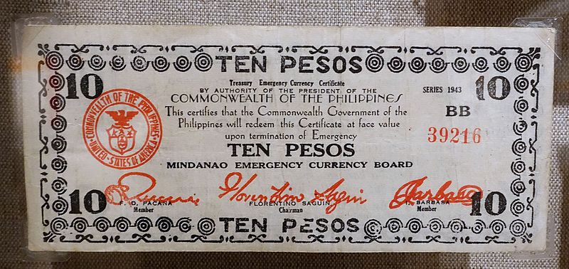 File:10 Pesos, Commonwealth of the Philippines, Treasury Emergency Currency Certificate, Series 1943, during Japanese occupation - Spurlock Museum, UIUC - DSC06072.jpg