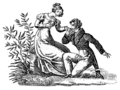 Woodcut depicting marriage proposal - genuflection (kneel/squat combination)
