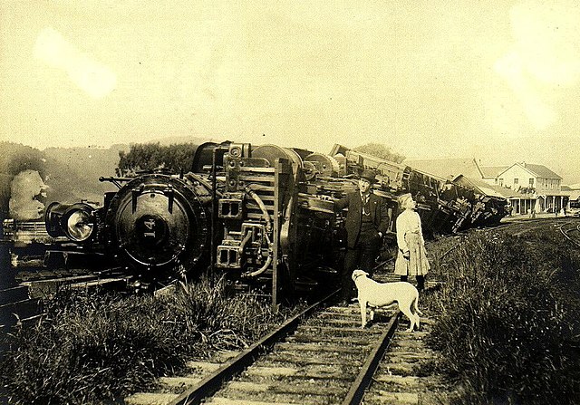 Derailed train after the 1906 San Francisco earthquake; photo by G.K. Gilbert