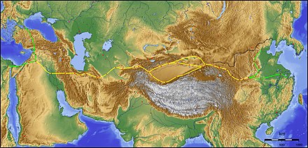 Main route in yellow, Xi'an to Damascus. Branches in green.