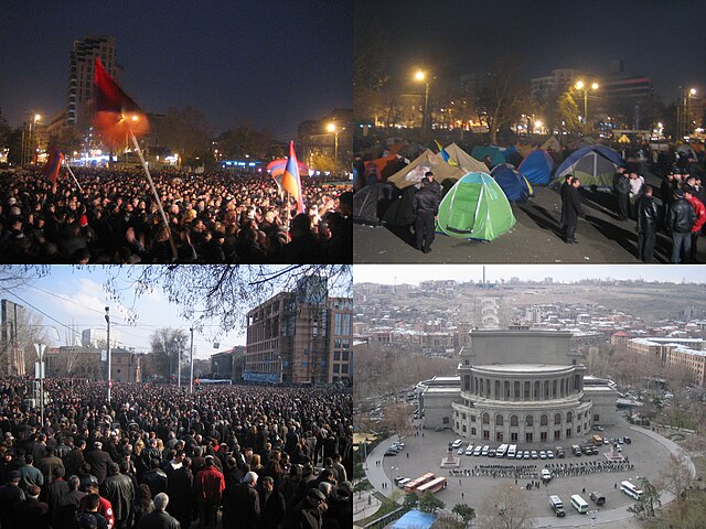 Protests at Freedom Square on 24 February, tents set up by protesters, demonstrations at Myasnikyan Square on 1 March. Police forces occupying the Fre