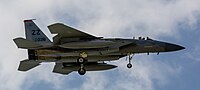 A US Air Force F-15C Eagle, tail number 82-0036, on final approach at Kadena Air Base in Okinawa, Japan. The aircraft is assigned to the 67th Fighter Squadron.