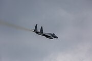 An F-15C Eagle, tail number 86-0166, taking off from RAF Lakenheath in England. The aircraft was assigned to the 493rd Fighter Squadron.