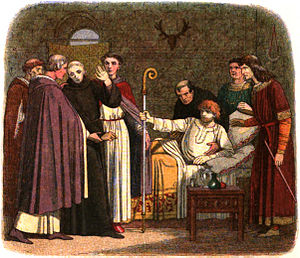 Anselm (right) is dragged to the cathedral and made archbishop of Canterbury. A Chronicle of England - Page 118 - Anselm Made Archbishop of Canterbury.jpg