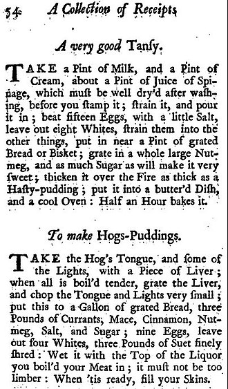 Recipes for "Tansy" and "Hogs-Puddings" A Collection of above Three Hundred Receipts Tansy Hogs-Puddings.jpg