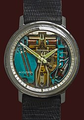 A Bulova Accutron watch from the 1960s, which uses a steel tuning fork (visible in center) vibrating at 360 Hz. Accutron.jpg