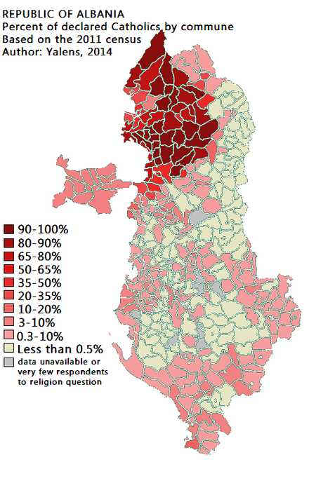 Distribution of Catholic believers in Albania as according to the 2011 Census.