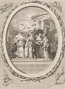 Allegory of the Peace of Paris, entitled Paix rendue a l'Europe. On the right, the figure of Peace hands olive branches to personifications of the party countries. Allegorie op de Vrede van Parijs Paix rendue a l'Europe (titel op object) Pax Europae Reddita (titel op object), RP-P-1928-204 (cropped).jpg