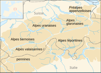 Karte der lepontinischen Alpen nach der französischen Einteilungen