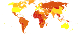 Disability-adjusted life years (DALY) lost from Appendicitis in 2012 per million persons.   18-50   51-55   56-56   56-64   64-88   88-88   90-150   150-244   249-365   373-4,202 * Countries are divided approximately by population into ten groups. * Dependencies of France, United Kingdom, United States of America, The Netherlands and Denmark are grouped with their respective countries.