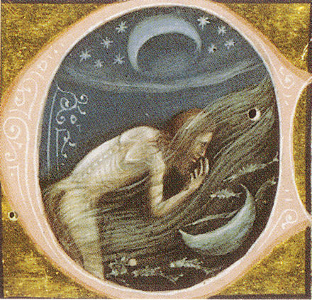 Lucius takes human form, in a 1345 illustration of the Metamorphoses (ms. Vat. Lat. 2194, Vatican Library).