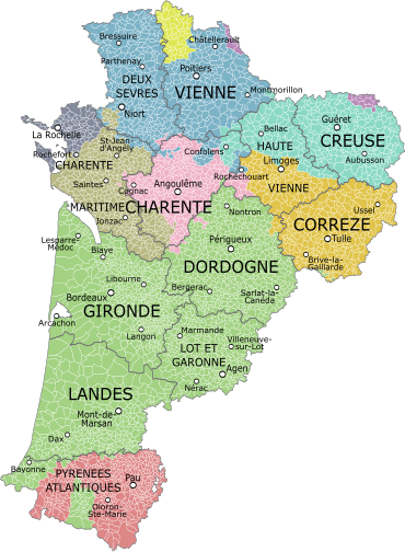 Map of the new region with its twelve départements, colored according to the historical provinces as they existed until 1790.
.mw-parser-output .div-col{margin-top:0.3em;column-width:30em}.mw-parser-output .div-col-small{font-size:90%}.mw-parser-output .div-col-rules{column-rule:1px solid #aaa}.mw-parser-output .div-col dl,.mw-parser-output .div-col ol,.mw-parser-output .div-col ul{margin-top:0}.mw-parser-output .div-col li,.mw-parser-output .div-col dd{page-break-inside:avoid;break-inside:avoid-column}
.mw-parser-output .legend{page-break-inside:avoid;break-inside:avoid-column}.mw-parser-output .legend-color{display:inline-block;min-width:1.25em;height:1.25em;line-height:1.25;margin:1px 0;text-align:center;border:1px solid black;background-color:transparent;color:black}.mw-parser-output .legend-text{}  Guyenne and Gascony
  Poitou
  Limousin
  Marche
  Saintonge
  Angoumois
  Aunis
  Lower Navarre and Béarn
  Saumurois [fr]
  Others