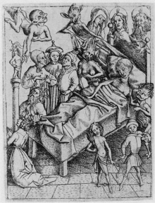 Temptation of lack of Faith; engraving by Master E. S., c. 1450 Ars moriendi (Meister E.S.), L.175.png