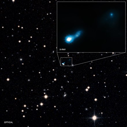 X-ray jet made from a supermassive black hole found by NASA's Chandra X-ray Observatory, made visible by light from the early Universe