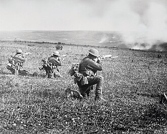 Members of the 45th Battalion in action at the Battle of the Hindenburg Line, during September 1918. (The man kneeling on the far left is believed to be Private Edward Lynch) Battle of the hindenburg line.jpg