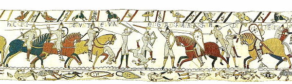 Gyrth and his brother's death at the Battle of Hastings, scene 52 of the Bayeux Tapestry. HIC CECIDERUNT LEVVINE ET GYRÐ FRATRES HAROLDI REGIS (Here h