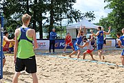 Deutsch: Beachhandball Europameisterschaften 2019 (Beach handball Euro); Tag 6: 7. Juli 2019 – Platzierungsspiele Rang 13-16 Männer, Rumänien-Serbien 2:0 (21:18, 22:20) English: Beach handball Euro; Day 6: 7 July 2019 – Placement Match 13–16 Men – Romania-Serbia 2:0 (21:18, 22:20)