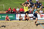 Deutsch: Beachhandball Europameisterschaften 2019 (Beach handball Euro); Tag 1: 2. Juli 2019 – Männer, Vorrunde Gruppe A, Deutschland-Norwegen 2:0 (22:14, 22:20) English: Beach handball Euro; Day 1: 2 July 2019 – Men Preliminary Round Group A – Germany-Norway 2:0 (22:14, 22:20)