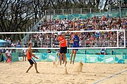 Deutsch: Beachvolleyball bei den Olympischen Jugendspielen 2018; Tag 11, 17. Oktober 2018; Jungen,Finale – Niederlande (Matthew Immers/Yorick de Groot)-Schweden (David Åhman/Jonatan Hellvig) 0:2 (20–22/15–21) English: Beach volleyball at the 2018 Summer Youth Olympics at 17 October 2018 – Final – Netherlands (Matthew Immers/Yorick de Groot)-Sweden (David Åhman/Jonatan Hellvig) 0:2 (20–22/15–21)