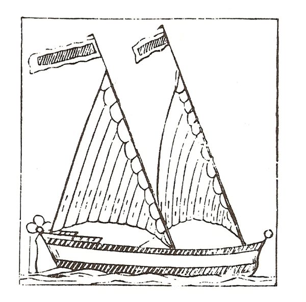 1671 woodcut of a Bermudian vessel with early Bermuda rig (before the addition of a boom)