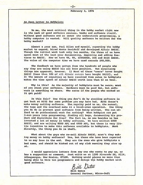 Bill Gates's Open Letter to Hobbyists from the Homebrew Computer Club Newsletter, January 1976
