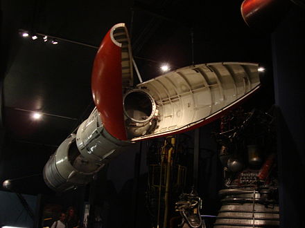 The first two stages and open payload fairing of R4 on display at the Science Museum in London