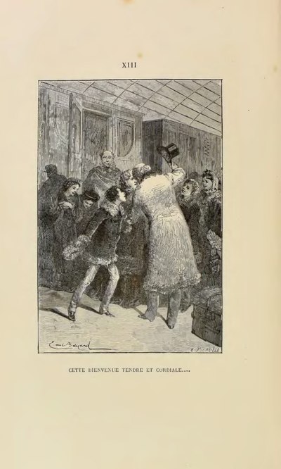 Des personnes devant un train. Un homme de dos, lève son chapeau, il semble accueillir un jeune homme, une dame et deux jeunes femmes à droite.