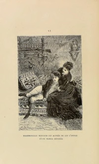 Un jeune homme, qui semble mal, allongé sur un sopha, tenu dans les bras d’une femme penchée sur lui.