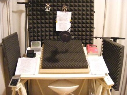 Example of an audio studio for professional readings. The studio is surrounded in sound baffle panels to mitigate reverberation from the speaker, allowing the microphone to pick up clearer audio.