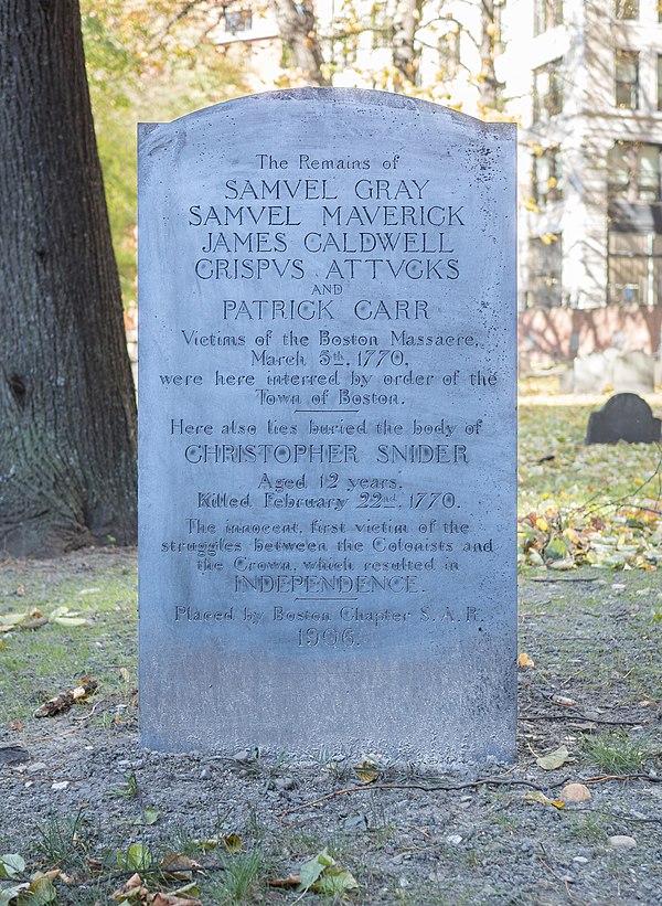 A grave marker for the Granary Burying Ground in Boston, where those killed in the Boston Massacre were buried