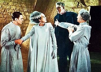 Colin Clive, Elsa Lanchester, Karloff and Ernest Thesiger in Bride of Frankenstein.
