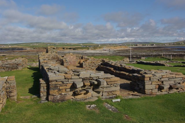 Ruins on the Brough of Birsay, once the seat of the early Norse jarls of Orkney. The Brough is now a tidal islet but in earlier times it was connected