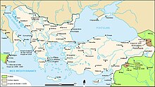 Mapa que muestra los Balcanes y la actual Turquía con las fronteras medievales del Imperio Bizantino.