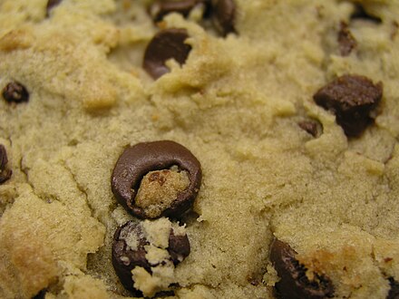A close-up of a chocolate chip cookie